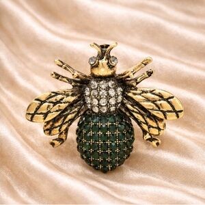 Anthropologie Gold Bee Brooch with Green Rhinestones